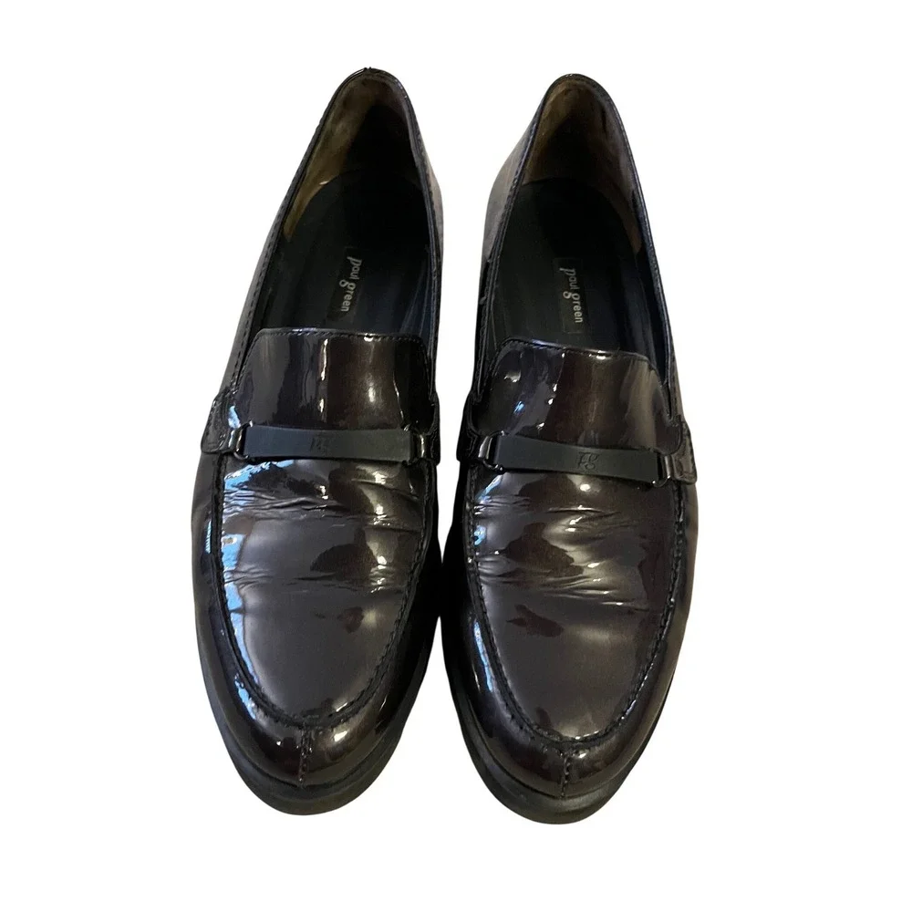 Paul Green Women's Charlie Patent‎ Leather Lug Sole Loafers Dark Brown- Size 8